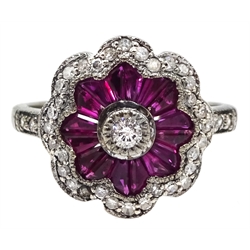  18ct white gold diamond and calibre cut ruby flower design ring, hallmarked  
[image code: 4mc]
