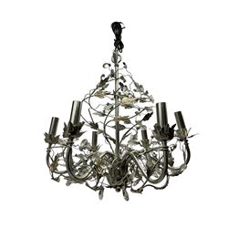 India Jane - silver finish metal chandelier, decorated with trailing leafy branches and glass pendants - ex-display/bankruptcy stock 