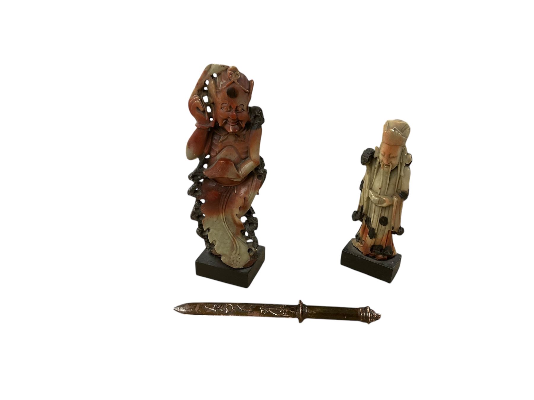 Two soapstone carved figures and a knife, figure H27cm