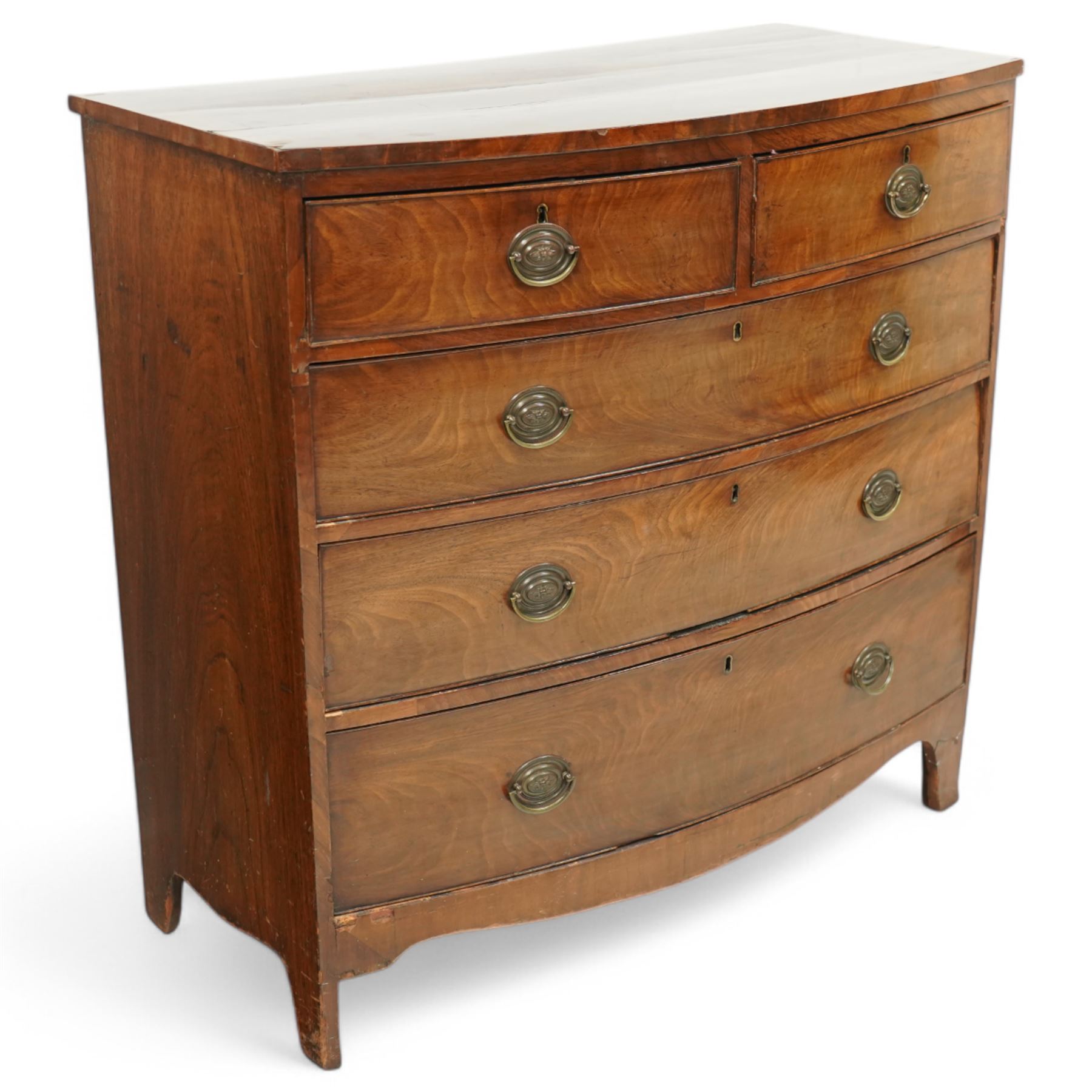 19th century mahogany bow-front chest, fitted with two short and three long graduating cock-beaded drawers, on bracket feet 