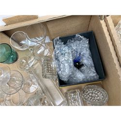 Quantity of glass ware to include lustre drops, coloured glass, celery vase, other vases and bowls, drinking glasses etc in two boxes