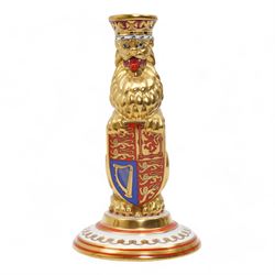 Pair of Minton porcelain heraldic beast candlesticks in the form of a lion and unicorn, limited edition 153/250, for the Silver Jubilee of HM The Queen, H16cm
