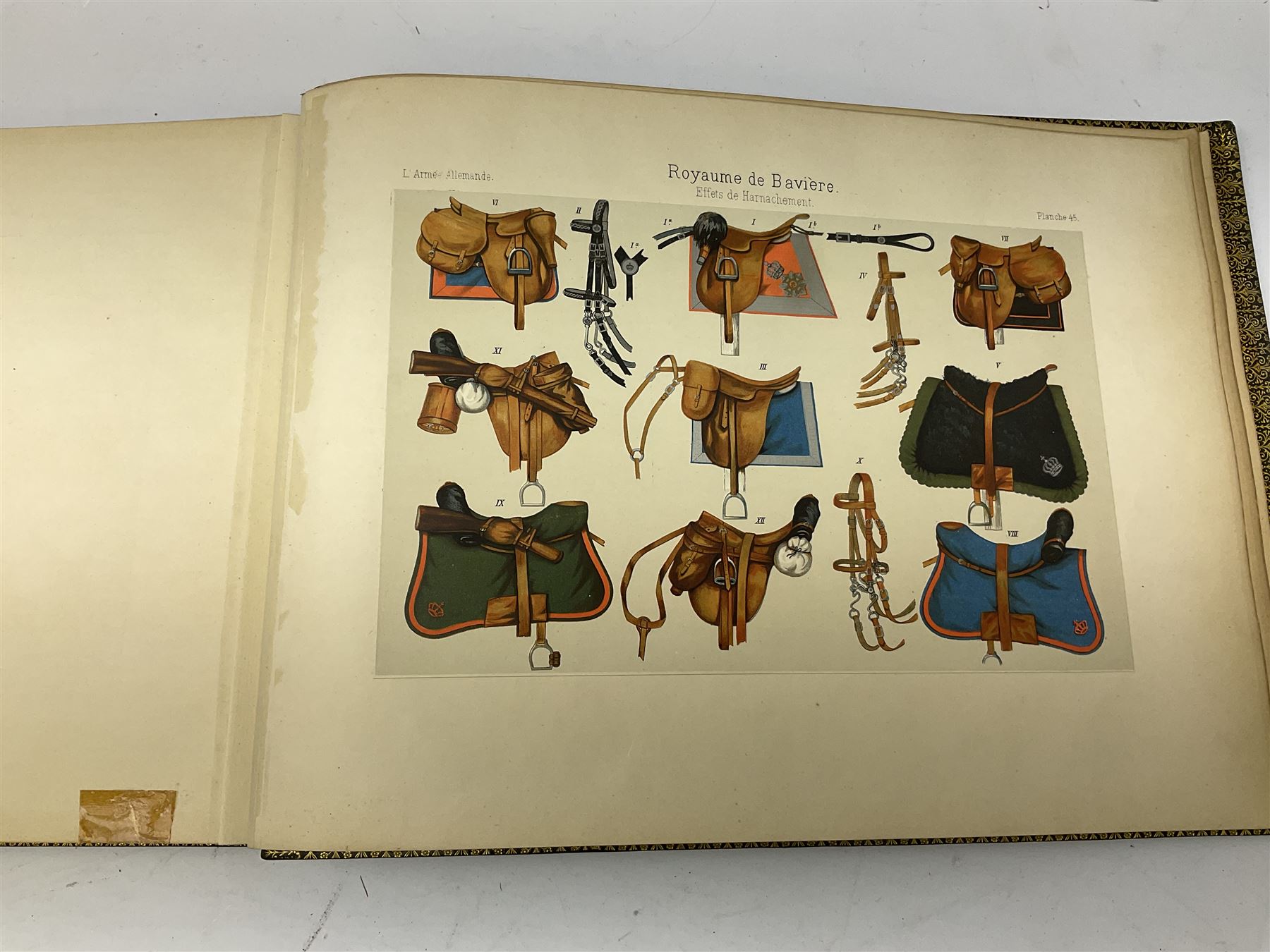 Balaschoff & Herbillon: L'Armee Allemande Sous L'Empereur Guillaume II. 1890 Paris. Forty-five laid-in chromolithograph plates together with numerous text illustrations. Oblong folio. Full moroccan leather and gilt binding with painted English Royal Crest to front cover and a.e.g.