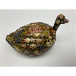Seven lacquered boxes including russian examples decorated with running deer within a stylized landscapes, three novelty painted boxes in the form of a duck, etc, largest duck H10cm, L15cm