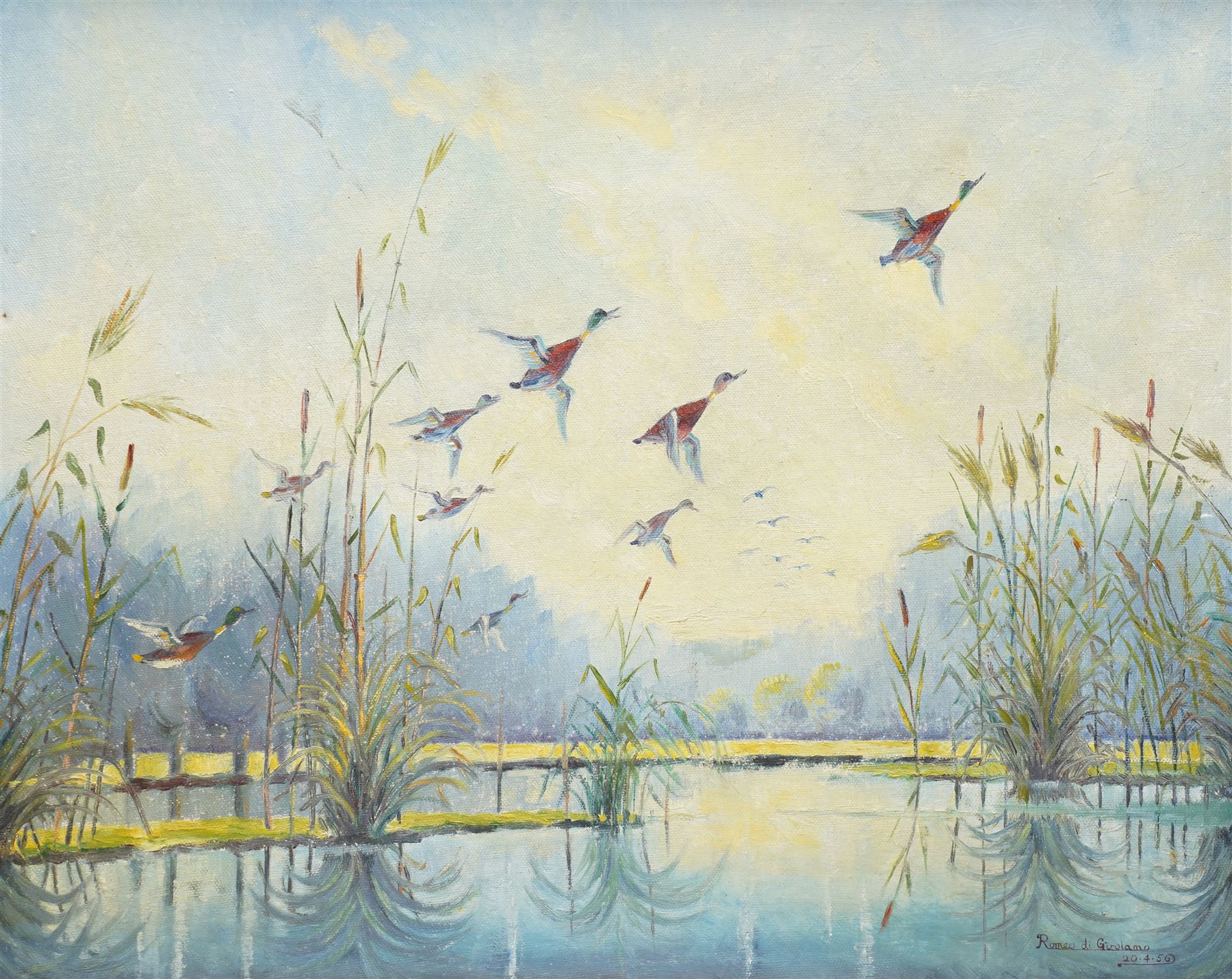 Romeo di Girolamo (Italian 1939-): Ducks in Flight, oil on board signed and dated '50, 40cm x 50cm