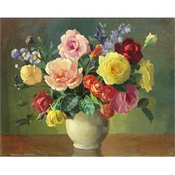  Still Life of Roses and Aster Alpinus, oil on board signed by Thomas Bradley (British 1889-1993) 41cm x 51cm  