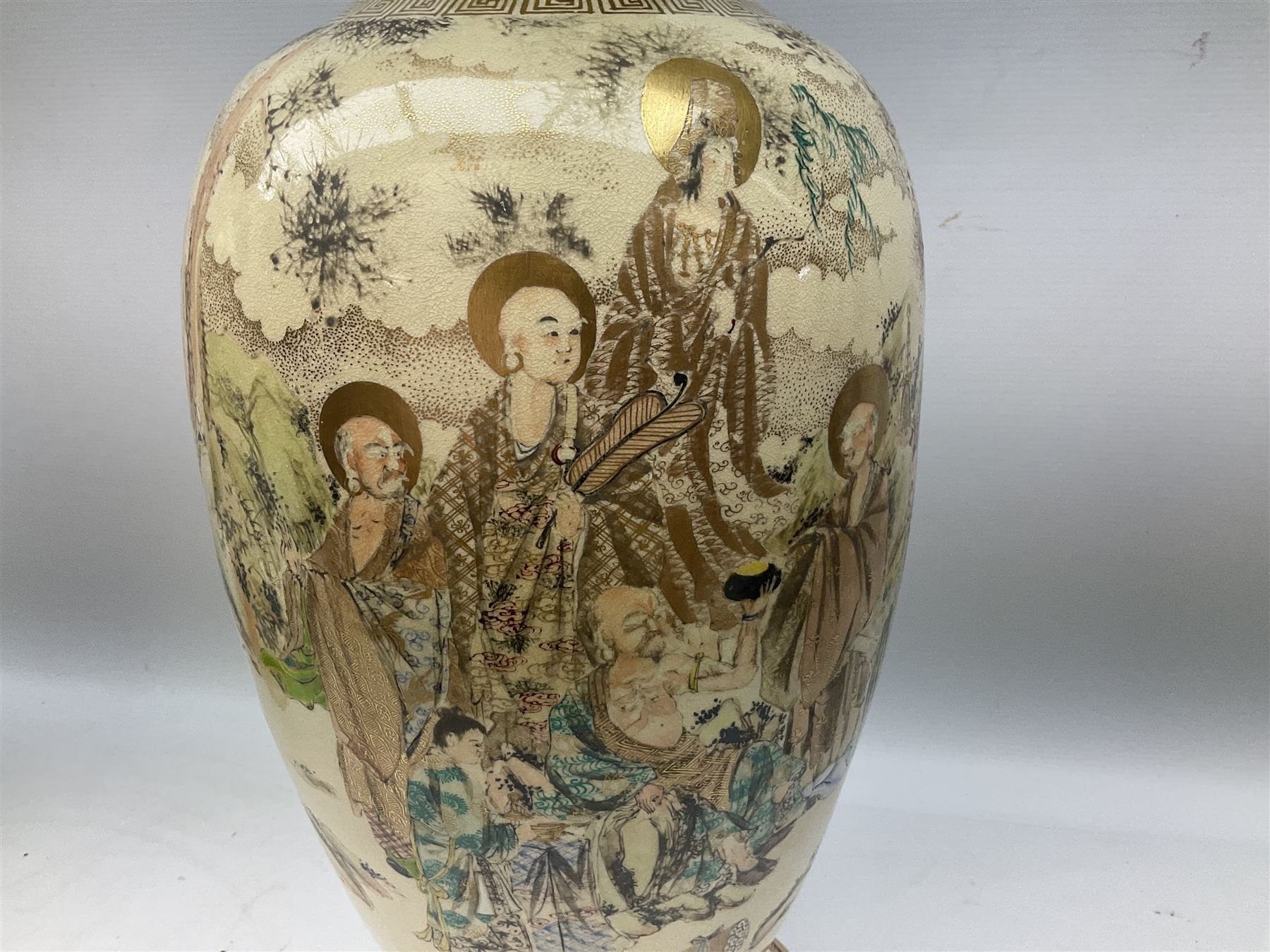 Pair early 20th Century Japanese floor vases of ovoid form, painted with warriors and elders within geometric designs and gilding, H61cm