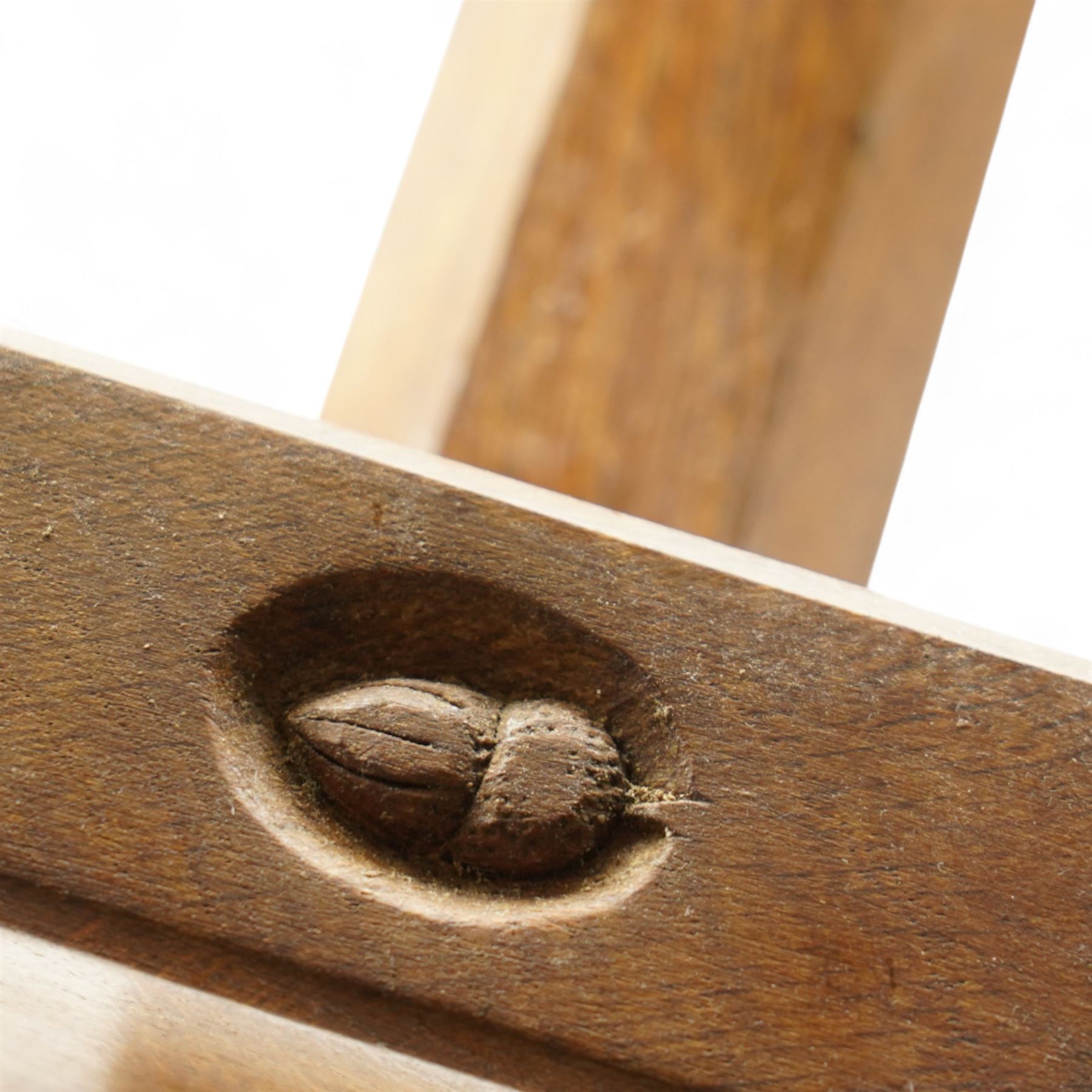 Acornman - oak three branch pendant light fitting, with carved acorn signature, by Alan Grainger of Brandsby, W45cm 