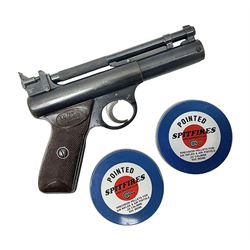Webley Senior .22 cal. air pistol with top lever action, serial no.273; in original box with label under lid; together with two tins of pellets NB: AGE RESTRICTIONS APPLY TO THE PURCHASE OF AIR WEAPONS.
