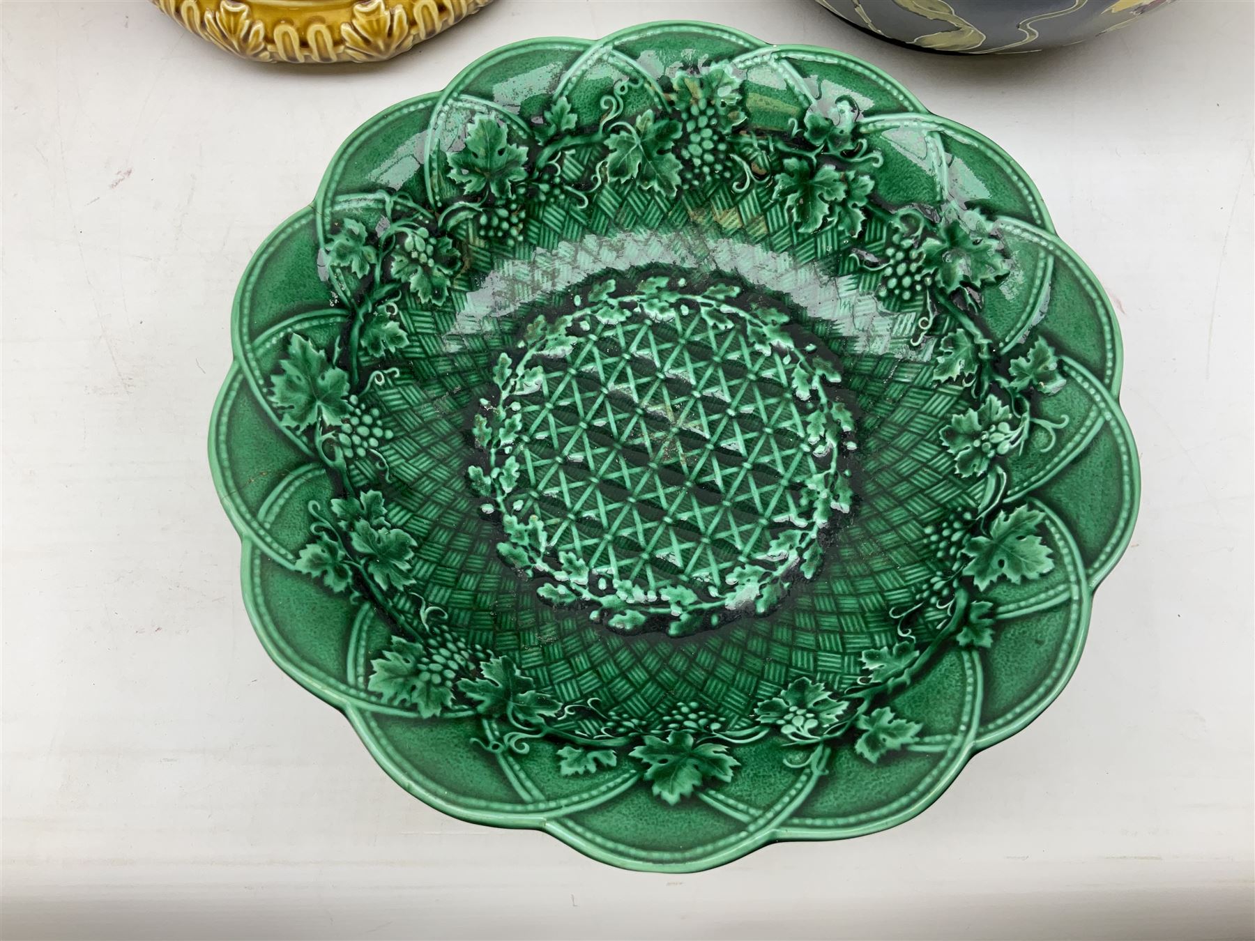 Wedgwood majolica comport, moulded with basket weave and foliage decoration, together with Imperial & Bonn and Sylvac jardinières, sylvac H18cm
