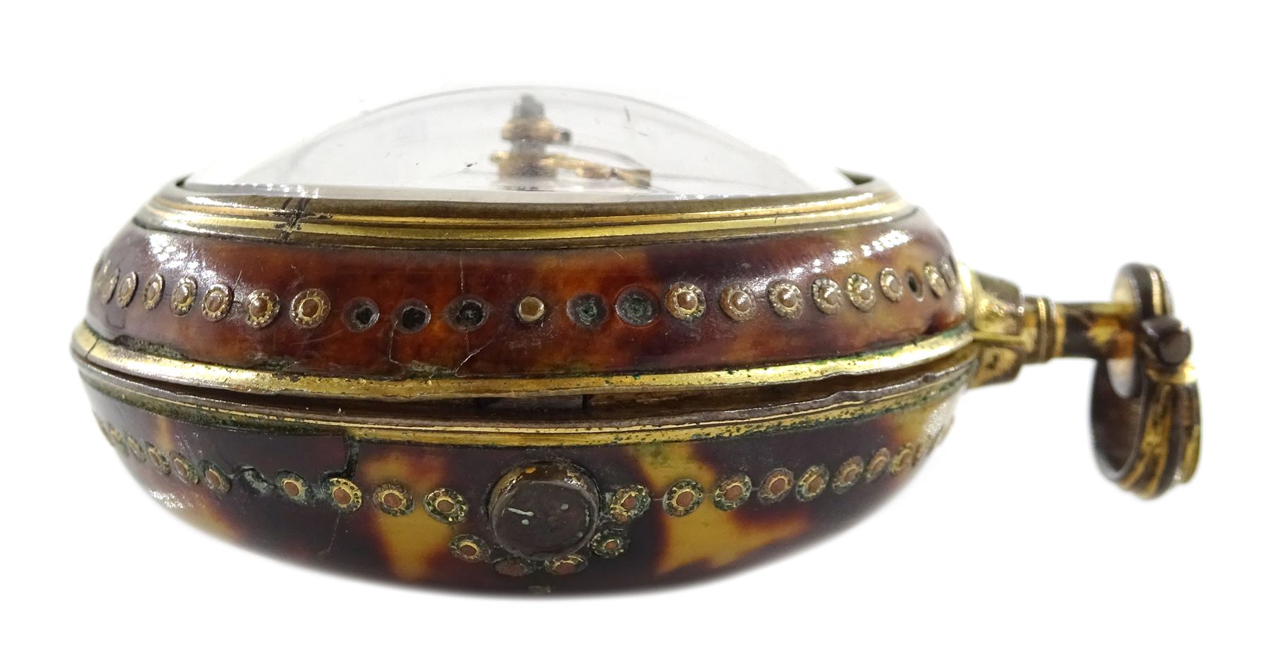 18th century gilt pair cased verge fusee pocket watch by Robert Hyland, London, No. 13345, round baluster pillars, pierced and engraved balance cock, white enamel dial with Roman hours and outer Arabic minute ring, beetle and poker hands, the outer tortoiseshell case with pique work borders