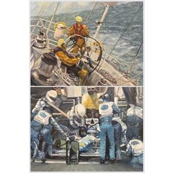 James Lishman (British 1931-2024): 'Pit Stop - Damon Hill World Formula 1 Champion 1996' and 'Rounding the Horn', two oils on canvas signed, titled and dated '97 verso 66cm x 79cm (2) (unframed)