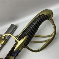 Early 19th century French Lancers officer's sword c1810, the 84cm curving fullered blade retaining most of its bluing, gilding and engraved decoration, inscribed I.S.& C. to ricasso (for Schimelbusch), brass three-bar hilt with elongated elliptical langets and wire-bound leather grip; in polished steel scabbard with two brass suspension rings L100cm overall