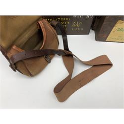Miscellaneous shooting accessories - W.J. Bowman & Sons clay pigeon launcher; two leather cartridge belts; three cartridge bags; two canvas/leather game bags; and two metal/wooden cartridge boxes