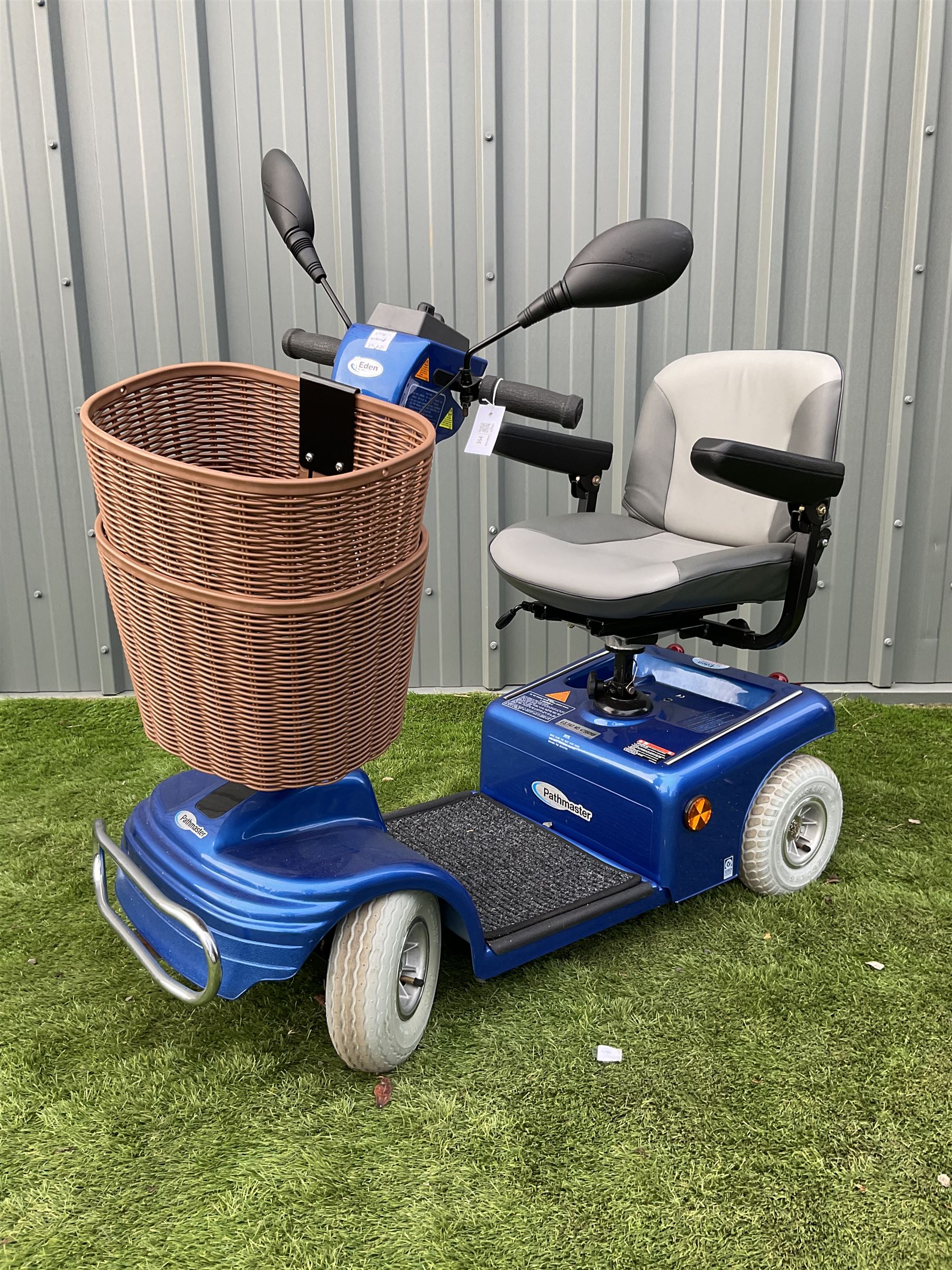 Eden Pathmaster mobility scooter in blue, adjustable swivel seat, front
