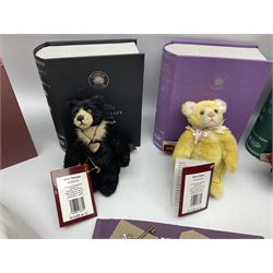 Five Charlie Bears Plush Hug Book Collection books, comprising Guide To Snuggleability containing Snuggleability CB191971F, Paw-Some Facts Directory containing Pawsome CB191971D, Bear Therapy Handbook containing Bear Therapy CB191971E, Study Buddy Handbook containing Study Buddy CB191971A, and Guide to Being Bear-illiant CB191971B, each designed by Isabelle Lee, each with tags, plus Charlie Bears Secret Hug Book (lacking contents), together with assorted Charlie Bear accessories, to include two Bear Ears Duffle headbands CBBEARSDUF, Egg Cup CB185198 , Incy Wincy CB205252AO, with tag, four key rings, all with tags, Bear Care Kit and contents, recipe cards, pin badges, tape measure, notebook, etc., (Qty)