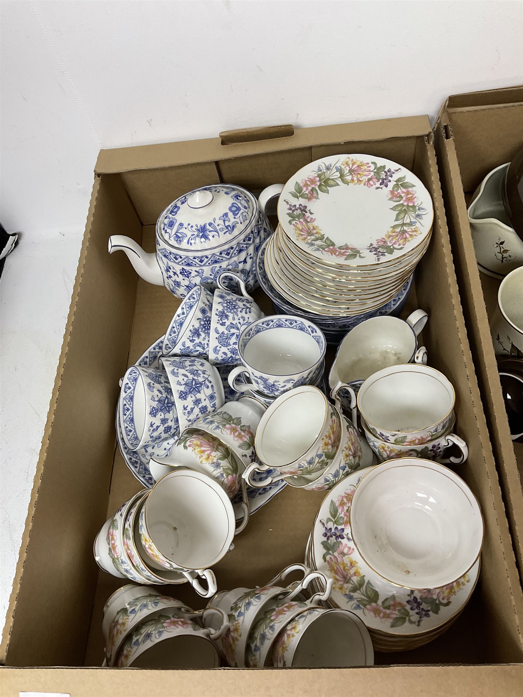 Minton Shalimar pattern tea wares, including teapot, cake plates, cups, saucers and larger plate, together with Paragon Country Lane pattern teawares and Royal Doulton Wild Cherry pattern tea and dinner wares, in three boxes 