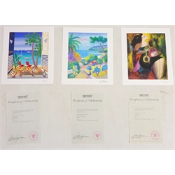  Five seriolithographs -  'Morning Social', after Itzchak Tarkay, 'D'or et de Reve',a after Emile Bellet, 'Paysage aux 3 Enfants', after Jean-Claude Picot, Note d'or', after Le Kinff and one other, all with certificates of authenticity max 60cm x 64cm (5) unframed  