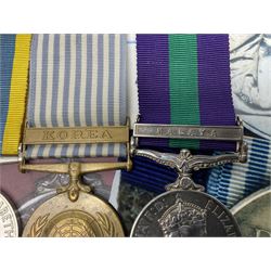 Korean War group of three medals comprising ERII Korea Medal awarded to 22307852 Pte. M. McGill R.A.M.C., UN Korea Medal and ERII General Service Medal with Malaya clasp to 22307852 Cpl. M. McGill R.A.M.C.