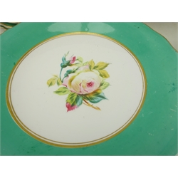  19th century porcelain dessert service, hand painted with floral sprays within a turquoise border twelve plates, two low comports and one tall (15)  