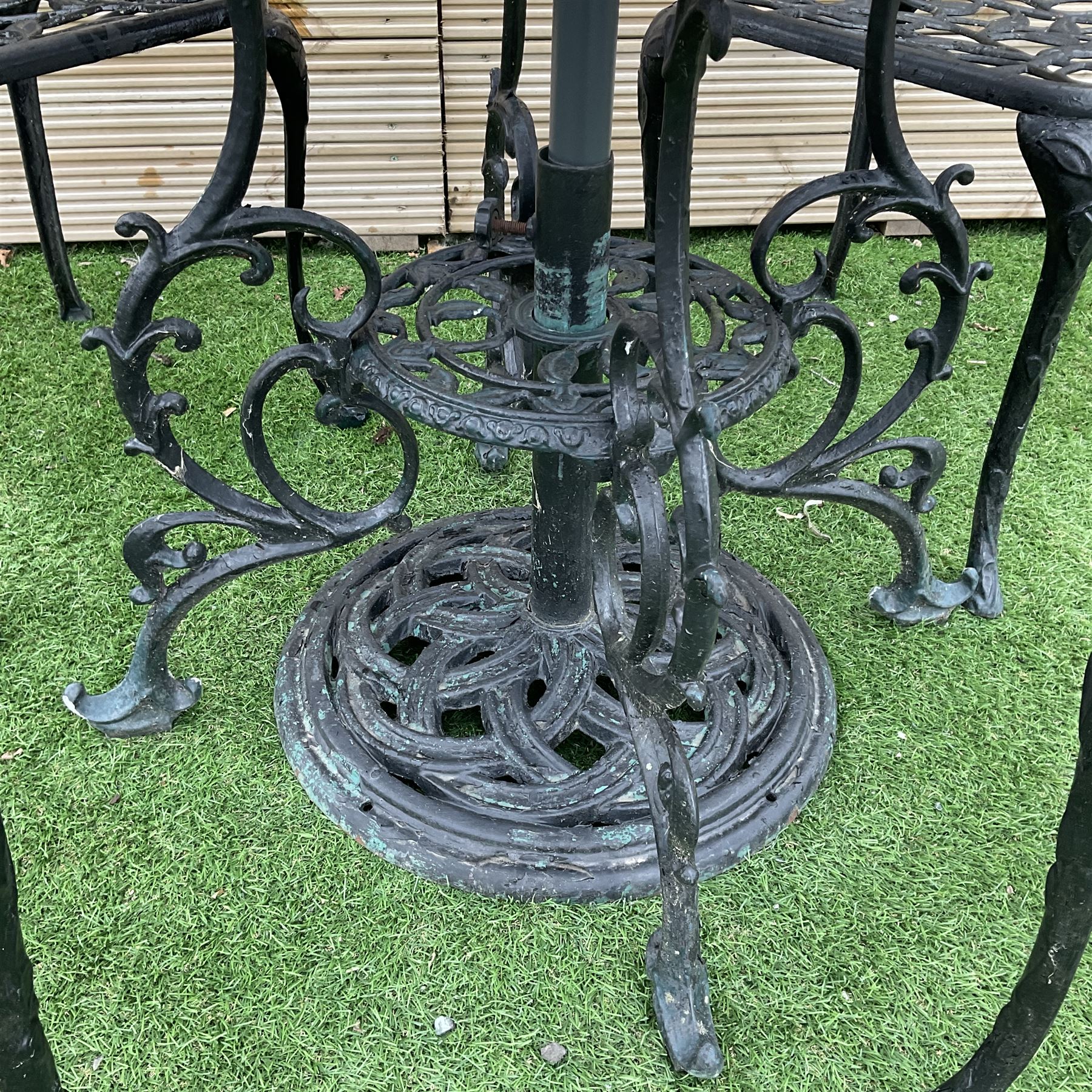 Victorian design - cast aluminium circular garden table, four chairs and parasol with base - THIS LOT IS TO BE COLLECTED BY APPOINTMENT FROM DUGGLEBY STORAGE, GREAT HILL, EASTFIELD, SCARBOROUGH, YO11 3TX