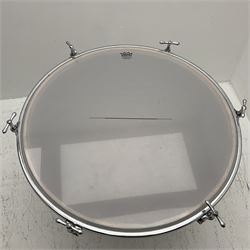 Timpani drum with coppered finish to the bowl, three adjustable tubular legs 'Marked Made in England 71 260' and Remo head D75cm 