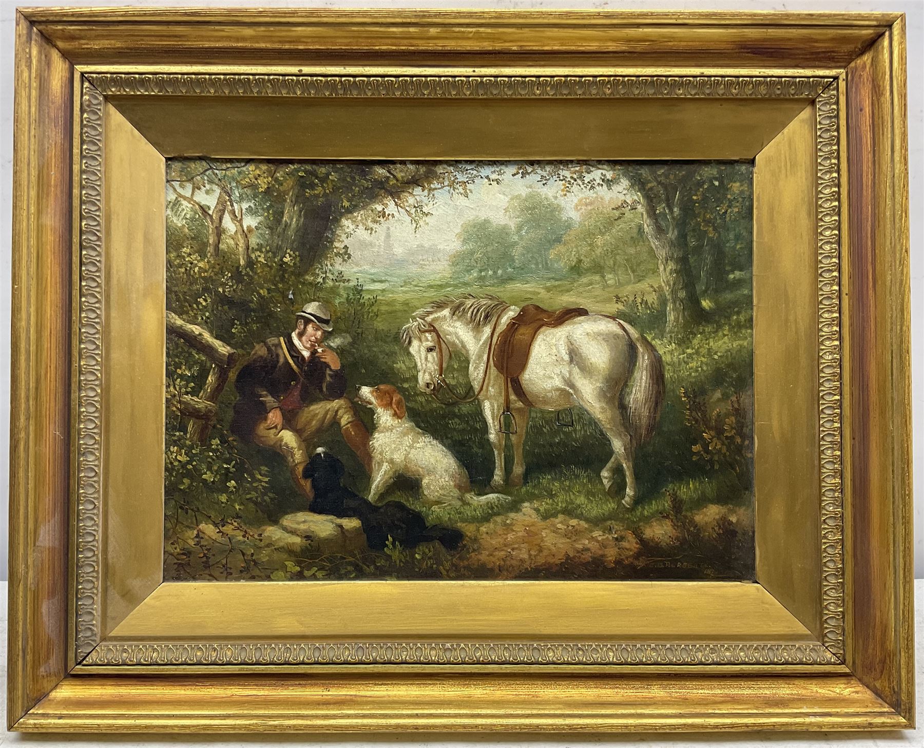 Edward Benjamin Herberte (British 1857-1893): Landscape with Horseman and Dog resting under Trees, oil on canvas signed and dated 1870, 24cm x 34cm