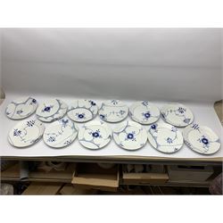 Royal Copenhagen tea and dinner service for twelve place settings, decorated in the Mega Blue Fluted pattern, pattern number 622, comprising dinner plates, salad plates, bowls with pierced rim, smaller bowls, tea cups, and saucers, dinner plates D27.5cm, salad plates D22cm