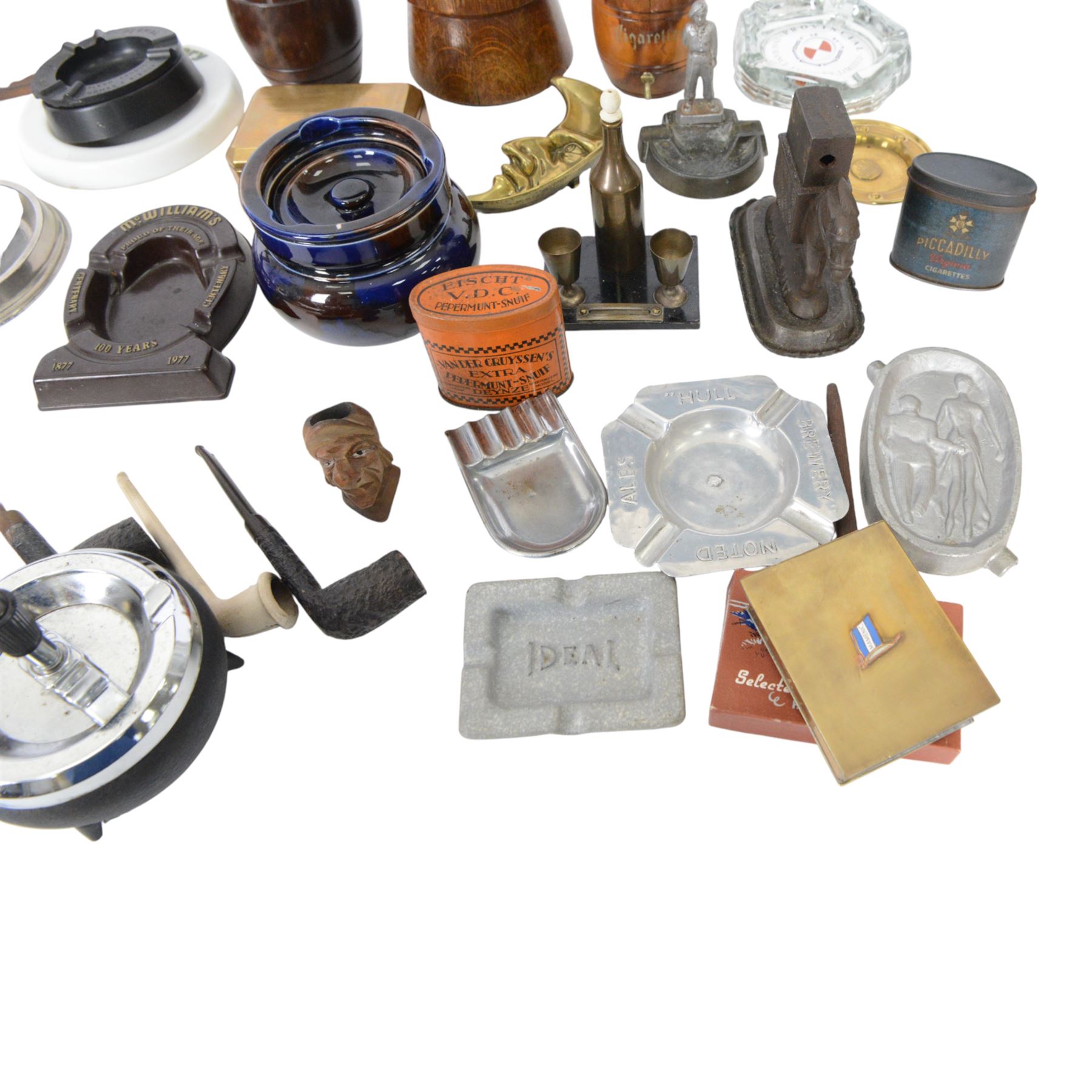 Collection of ashtrays and other smoking paraphernalia, including pipes, cigarette dispensers etc  
