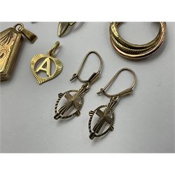 9ct gold jewellery including locket pendant, pair of cross earrings, pair of openwork stud earrings, initial A heart pendant and a single hoop earring