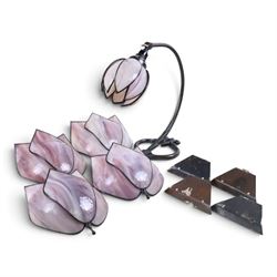 Chrisopher Wray, Art Nouveau style table lamp together with four wall lights, each shade i...