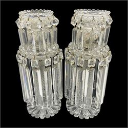  Pair of Victorian clear glass lustres, each with two tiered cut glass bowls supporting cut clear glass lustre drops upon central hobnail cut stem, H29cm