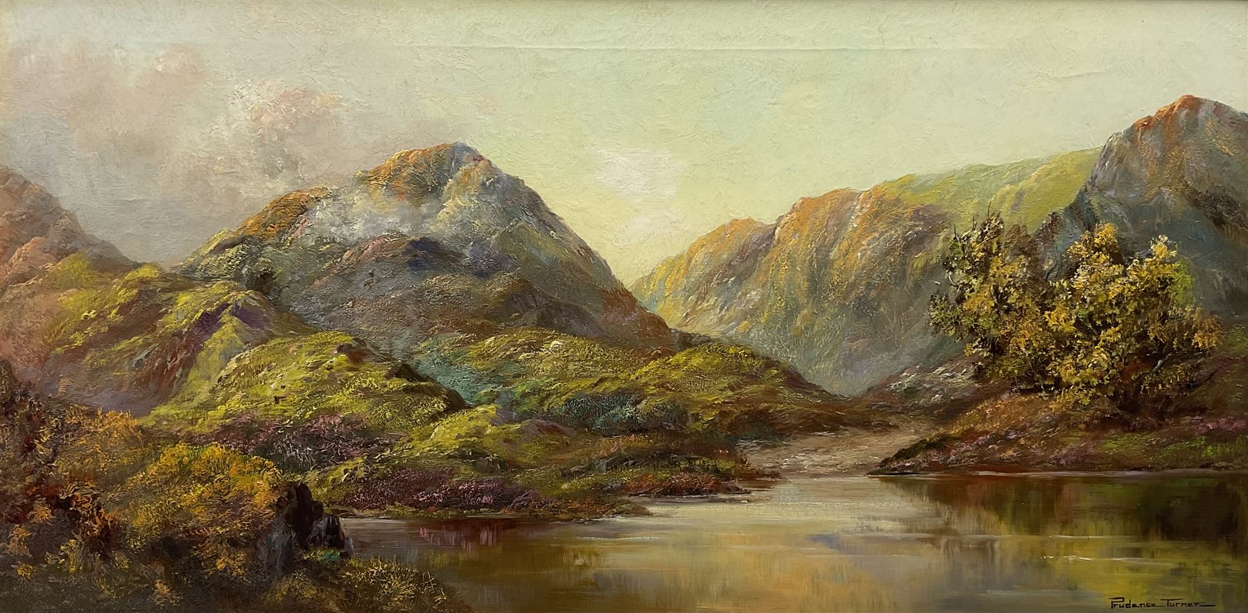 Prudence Turner (Scottish 1930-2007): Mountainous Highland Lake Landscape, oil on canvas signed 50cm x 101cm