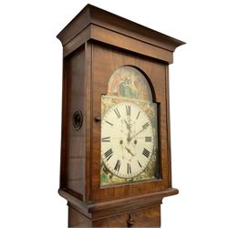 John Cameron & Son of Kilmarnock - late 19th century mahogany longcase clock c1870, with a flat topped pediment and blind frieze beneath, rectangular break arch hood door and sound frets to the hood sides, trunk with canted corners and a convex door with cushion mouldings, on a square plinth raised on turned bun feet, painted dial with a depiction of the abdication of Mary Queen of Scots to the arch and the four regions of the united Kingdom to the spandrels, with Roman numerals, minute track, date and seconds dials and stamped brass hands, dial pinned to a rack striking movement, striking the hours on a bell. With weights and pendulum. 