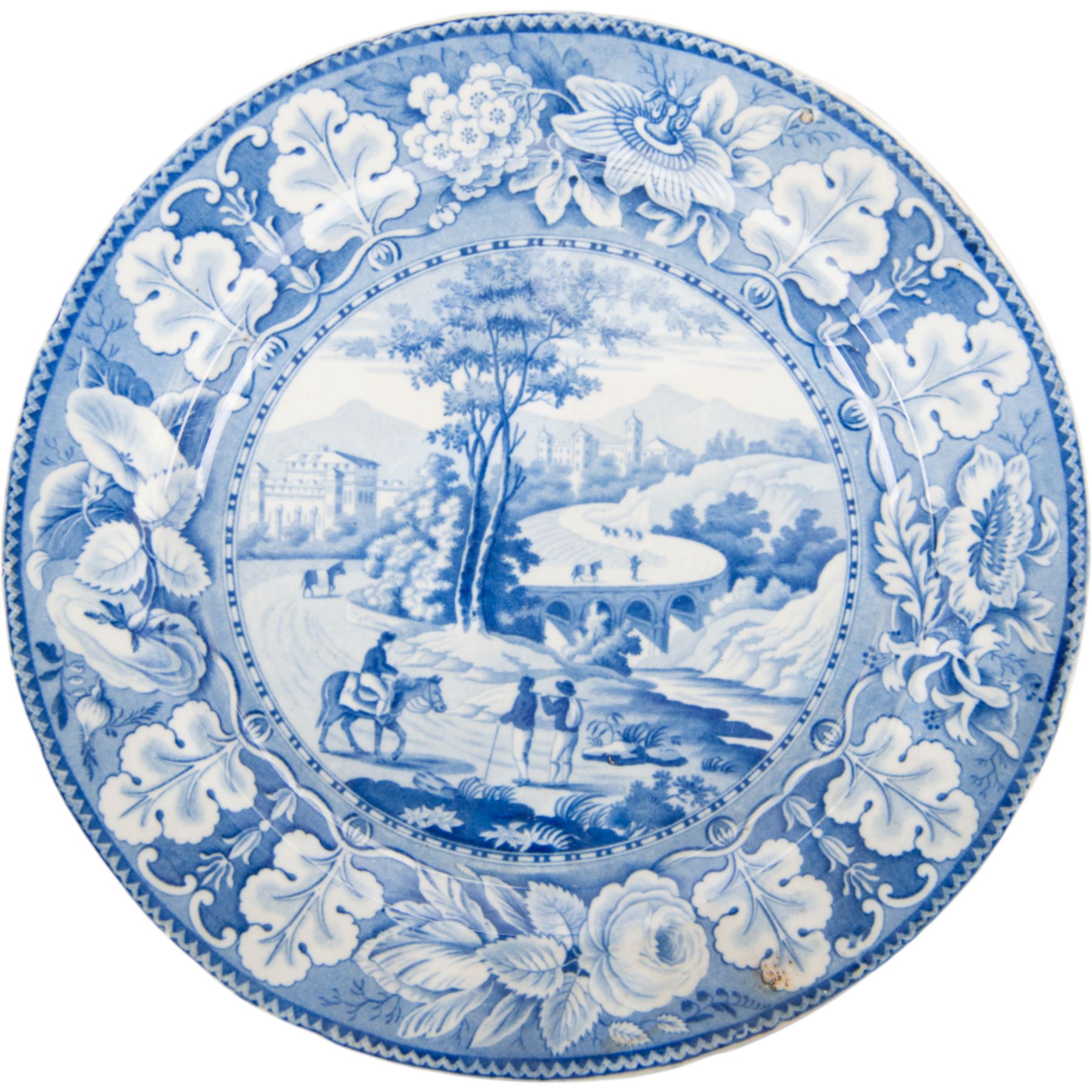 Eight 19th century transfer printed Italian Scenery pattern dinner plates, attributed to Leeds Pottery, with printed Italian Scenery mark beneath, D26cm