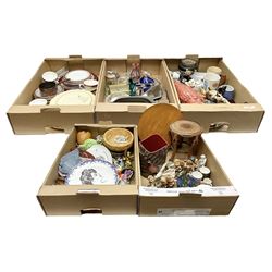 Five Goebel Hummel figures including Trumpet Boy, Max and Moritz and Soloist, Doulton Lambeth miniature tankard, Caithness Paisley Twist paperweight, Duchess Winchester tea and dinner wares and a collection of other ceramics and glassware, etc, in five boxes