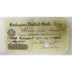  Burling and Driffield five pound banknote, issued for Harding & Co, 3rd September 1880, with punch hole cancel     