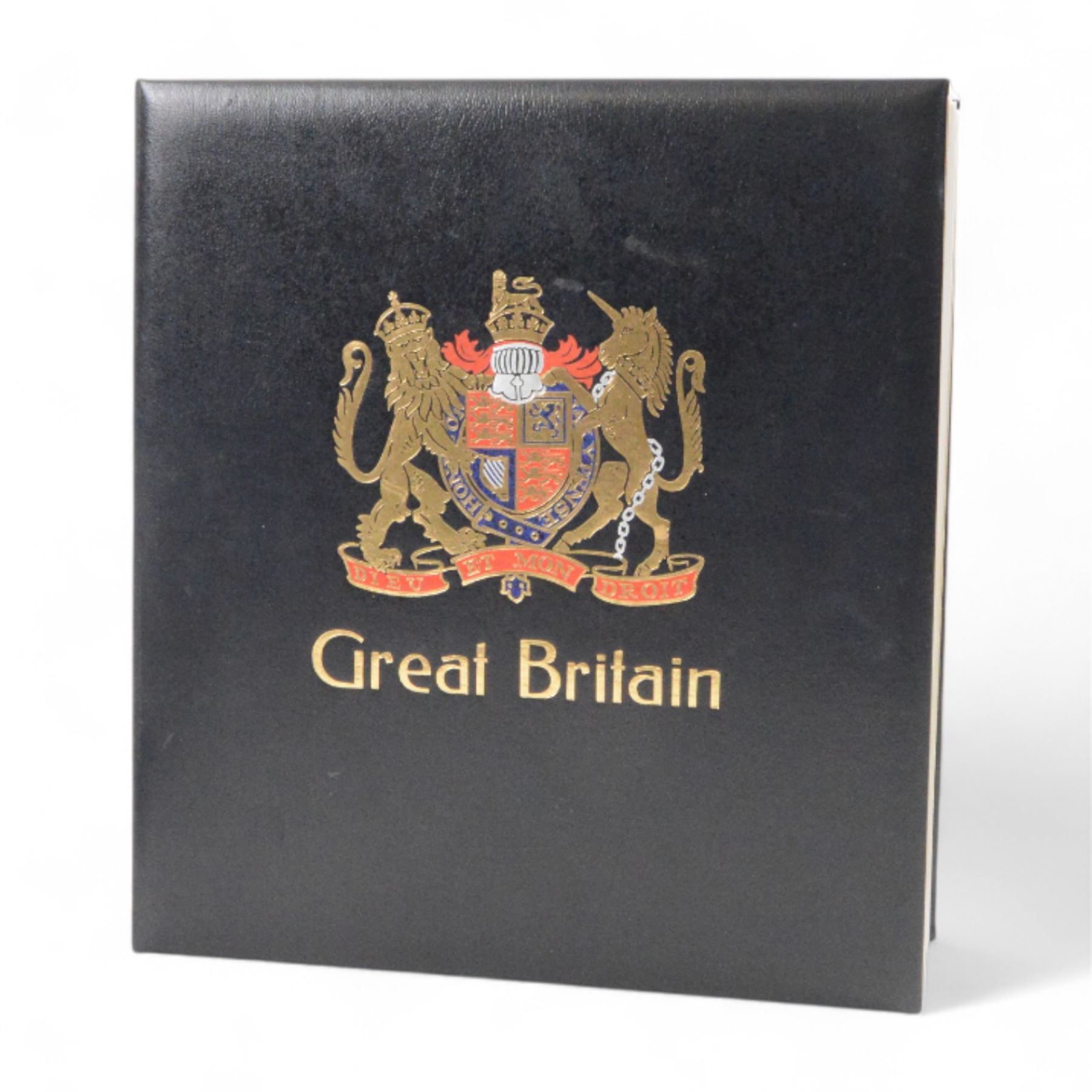 Extensive single album collection of Great British Queen Victoria and later stamps, including QV penny black with three margins, 1840 two pence blue, perf two pence blues with white lines added, QV one pound brown lilac, QV one pound green, King George V seahorses, 1929 Postal Union Congress one pound black, King George VI 1939-48 set of six with ten shillings dark blue, Queen Elizabeth II pre-decimal issues, housed in a Stanley Gibbons Great Britain 2001 album, a well presented collection with few ommissions