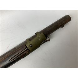 Early 19th century continental flintlock musket, approximately 14-bore, the full walnut stock with three brass barrel bands and brass mounts, lock stamped DVI, ramrod and bayonet lug under barrel L151cm