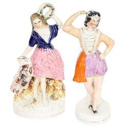 Six 19th century Staffordshire Theatre figures, comprising rare example of Jules Perrot as Diavolino, Jules Perrot as Albrecht, Carlotta Grisi as Esmeralda, Carlotta Grisi as Esmeralda and Jules Perrot as Gringoire, and further pair, tallest example H24.5cm


