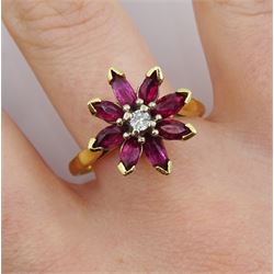 18ct gold marquise shaped ruby and round brilliant cut diamond flower head cluster ring, hallmarked