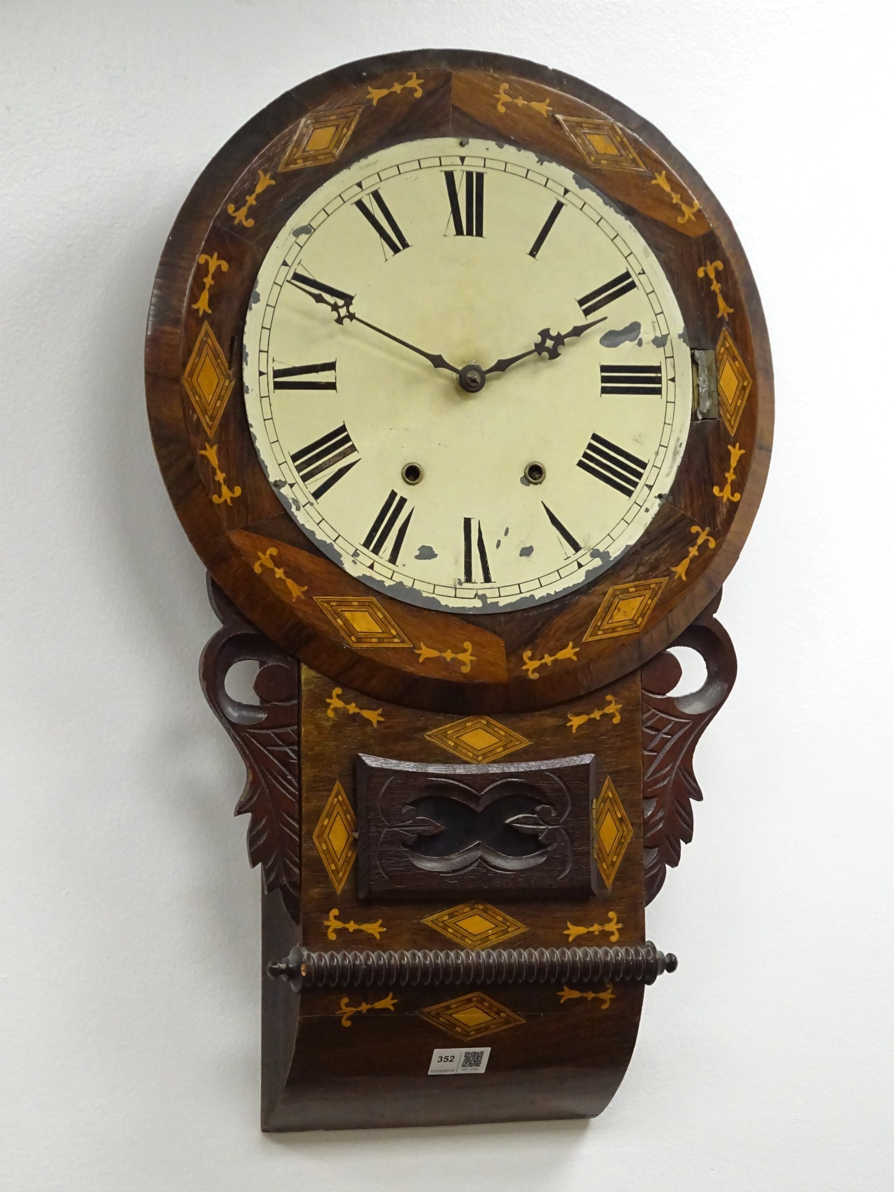 Victorian American style dropdial wall clock, inlaid case with Roman