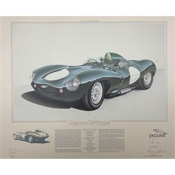 Three limited edition Jaguar prints with certificates, 'Jaguar E-Type' numbered 037, 'Jaguar D-Type' numbered 425, and 'Jaguar XJ13' numbered 425, signed Stirling Moss, Norman Dewis and John Francis and numbered in pencil unframed 47cm x 61cm
