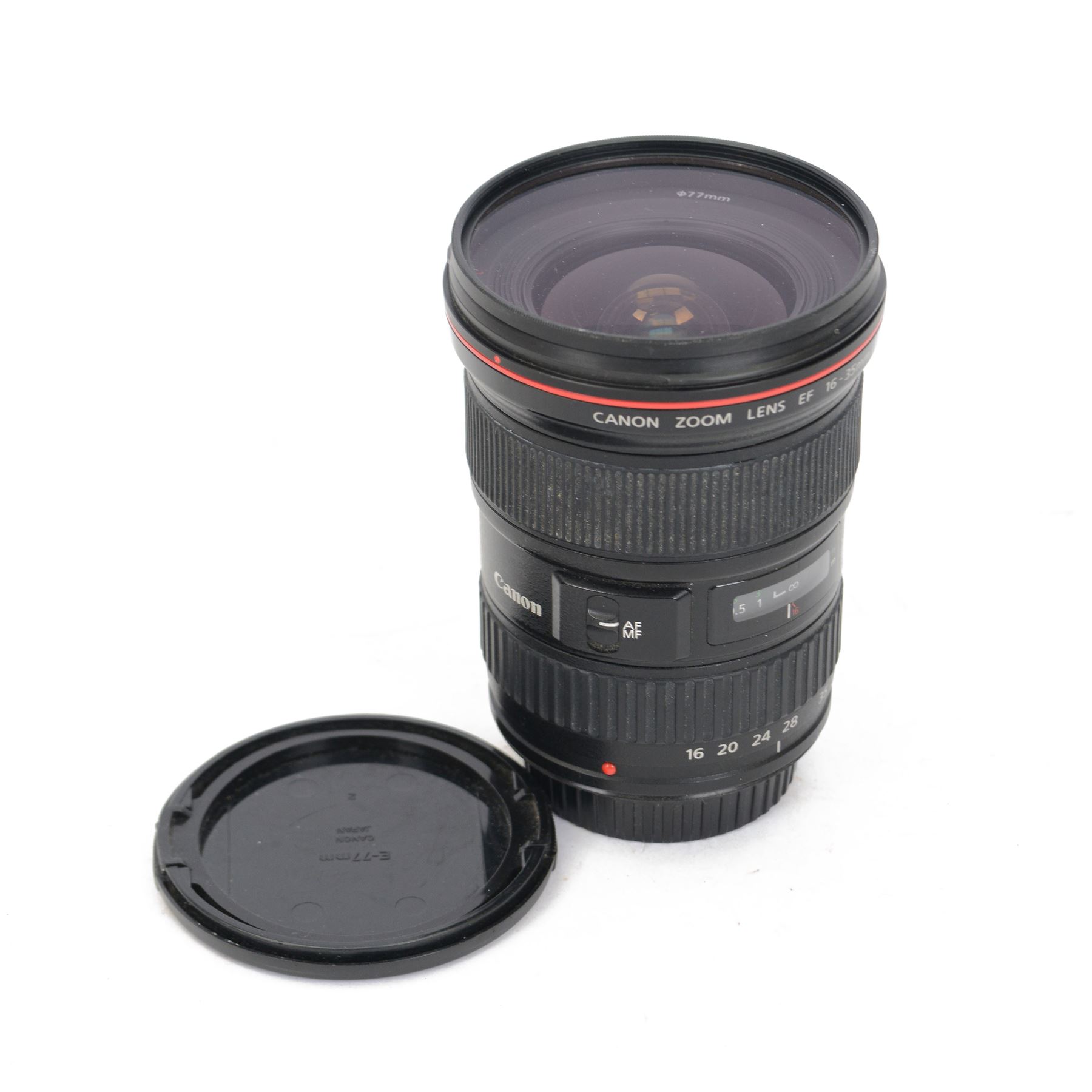 Canon Ultrasonic EF 16-35mm 1:2.8 L USM zoom lens serial no. US0207, with Canon EW-83E lens hood, in carry pouch