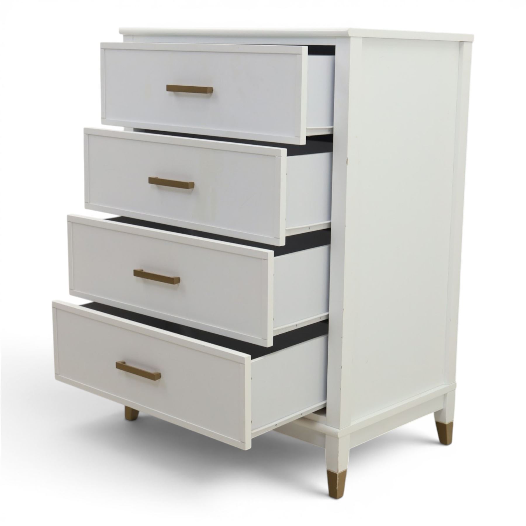 Dorel Home - Modern chest of drawer, white painted rectangular top above, four drawers with bronze metal handles, on tapered supports 