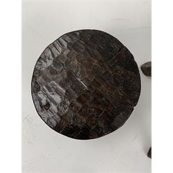 Collection of three mid 20th century stools by Jack Grimble of Cromer - rectangular tooled oak seat on four splayed supports (38cm x 31cm, H35cm), circular tooled burr oak seat on three supports (D29cm, H35cm), shaped burr top on three supports (L44cm, H45cm), each signed underneath