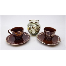  Pair Lenox silver overlay coffee cups & saucers and Spahr silver overlay glass vase (3)  