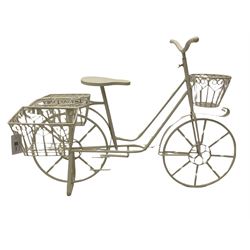 Small wrought metal garden bicycle planter, white painted finish 
