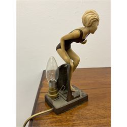 Art Deco style lamp in the form of a lady upon shaped bronzed effect plinth, H25cm