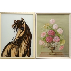  Horse Portrait, 20th century reverse painting on glass signed by Beccafichi 59cm x 44cm and Still Life of Flowers, chalk signed by Ann Hillerby 60cm x 45cm and two others (4)  